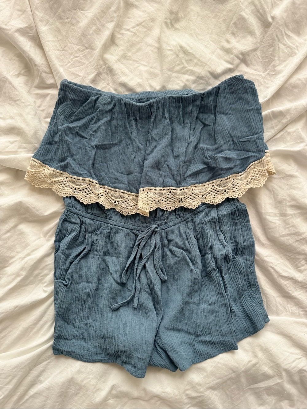 Blue Strapless Lace-Trim Romper -